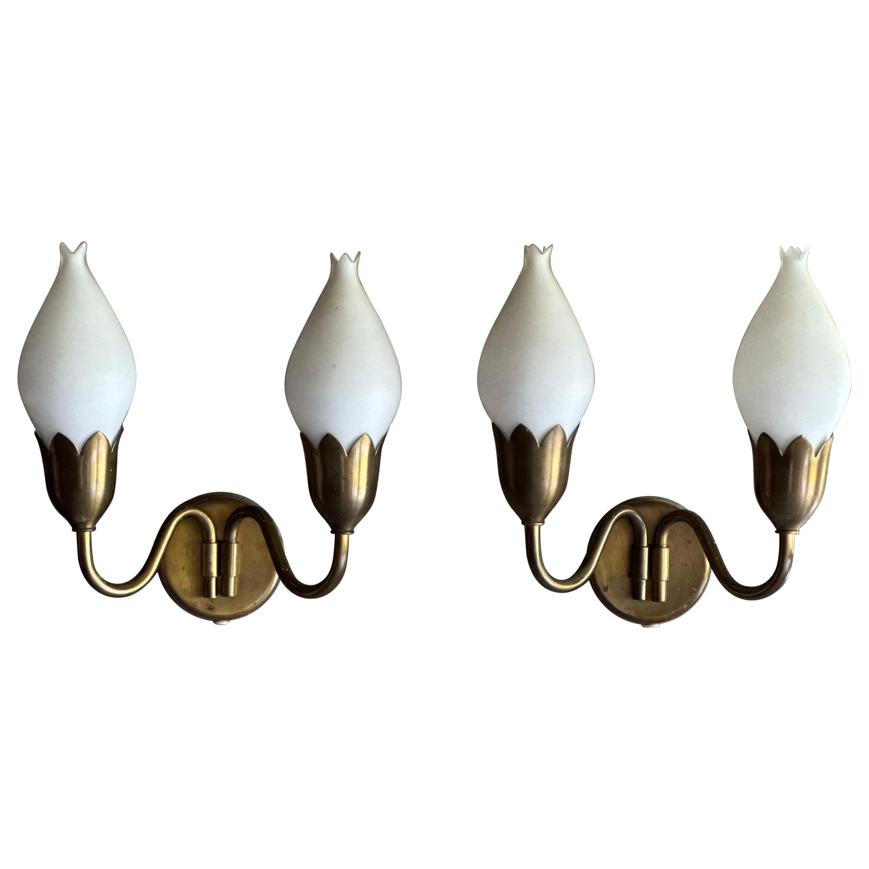 Fog & Mørup "Tulip" Wall Light Lamps in Brass and Milk Glass, Denmark, 1950s