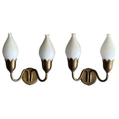 Fog & Mørup "Tulip" Wall Light Lamps in Brass and Milk Glass, Denmark, 1950s