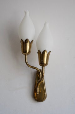 Fog & Mørup, "Tulip" Wall Light / Sconce, Brass, Milk Glass, Denmark, c. 1950s