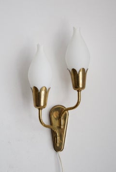 Fog & Mørup, "Tulip" Wall Lights / Sconces, Brass, Milk Glass, Denmark, c. 1950s
