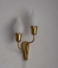 Fog & Mørup, "Tulip" Wall Lights / Sconces, Brass, Milk Glass, Denmark, c. 1950s