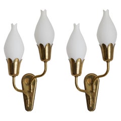 Fog & Mørup, "Tulip" Wall Lights / Sconces, Brass, Milk Glass, Denmark, c. 1950s