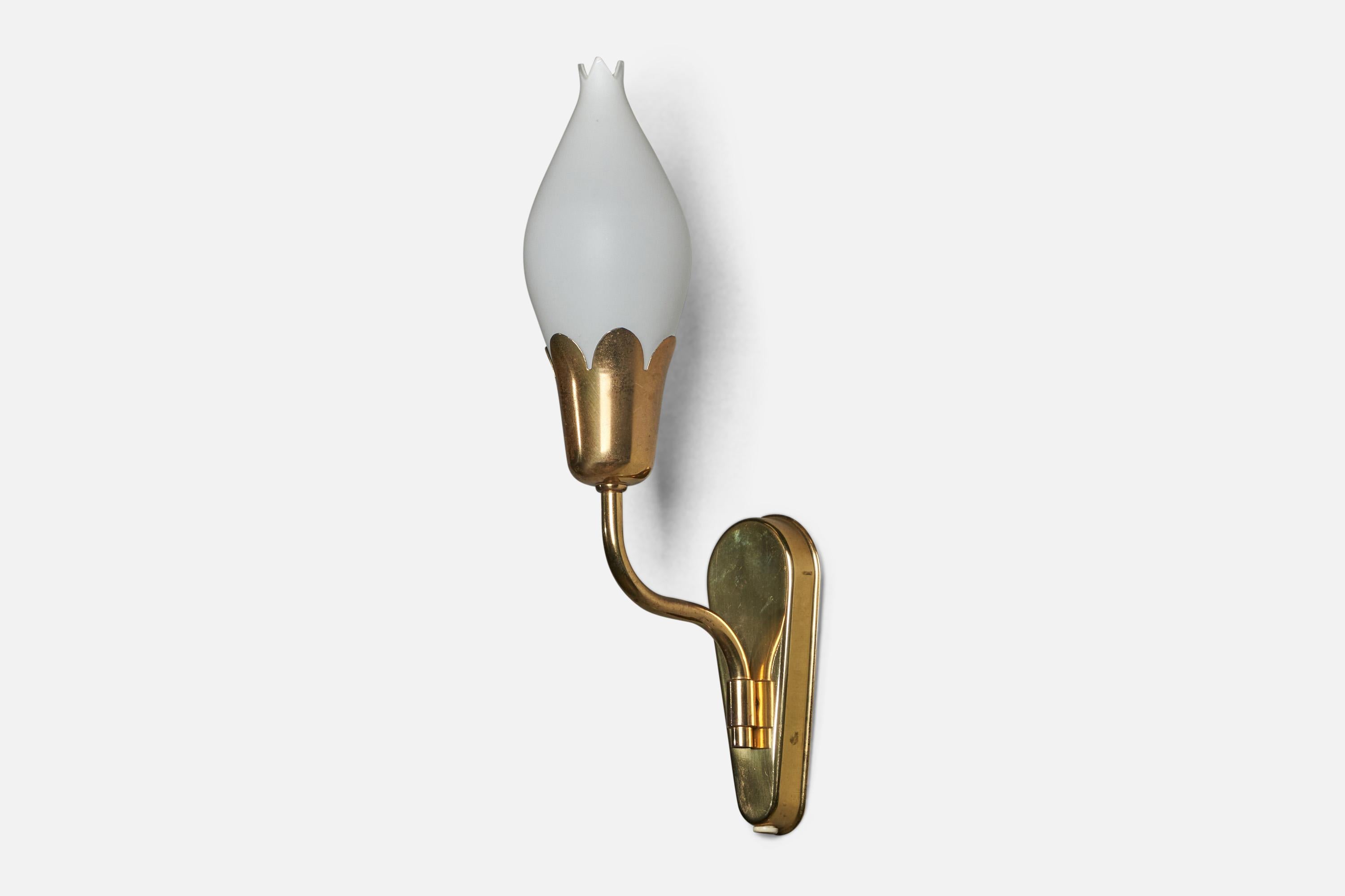 A brass and opaline glass wall light designed and produced by 
Fog & Mørup, Denmark, c. 1950s.

Overall Dimensions (inches): 14.5” H x 3” W x 5” D
Back Plate Dimensions (inches): 6” H x 2.5” W x 0.6” D 
Bulb Specifications: E-14 Bulb
Number of