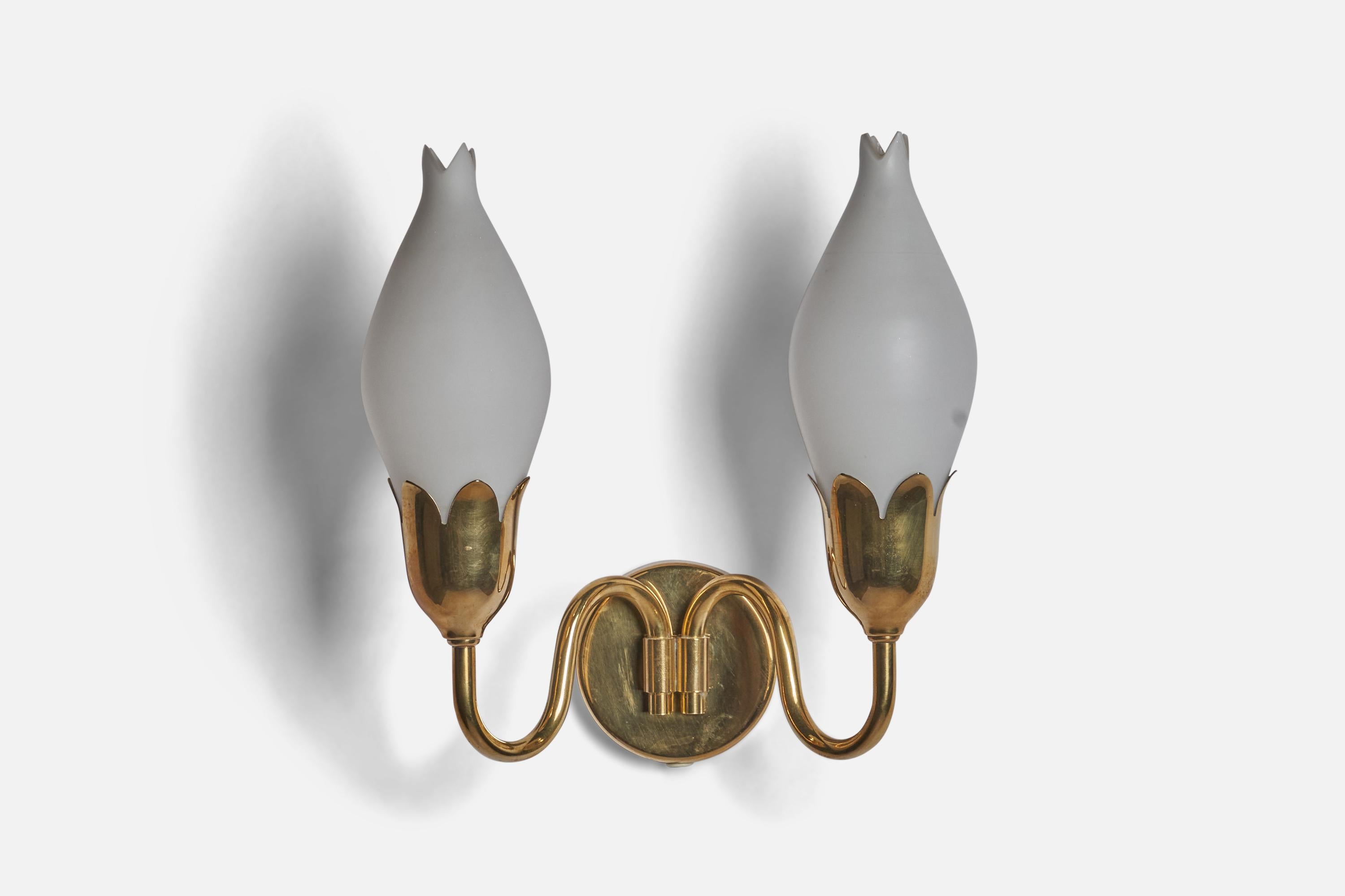 A two-armed brass and glass wall light designed and produced by 
Fog & Mørup, Denmark, c. 1950s.

Overall Dimensions (inches): 11” H x 10” W x 6” D
Bulb Specifications: E-14 Bulb
Number of Sockets: 2
All lighting will be converted for US usage. We