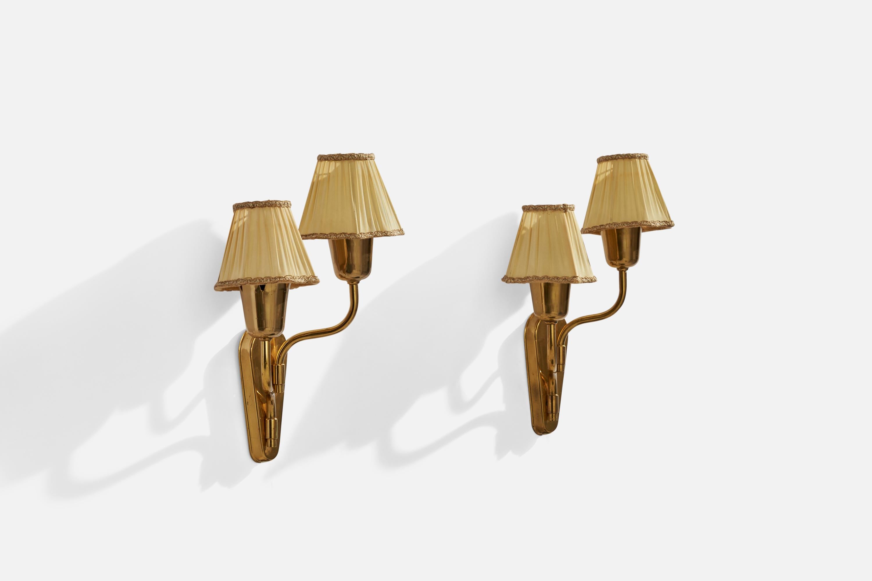 Scandinavian Modern Fog & Mørup, Wall Lights, Brass, Fabric, Denmark, 1950s For Sale