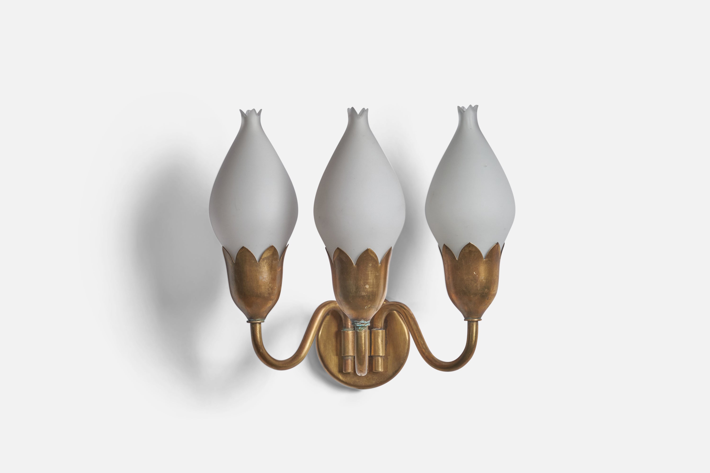 A pair of three-armed brass and glass wall lights, designed and produced by Fog & Mørup, Denmark, c. 1940s

Overall Dimensions (inches): 6