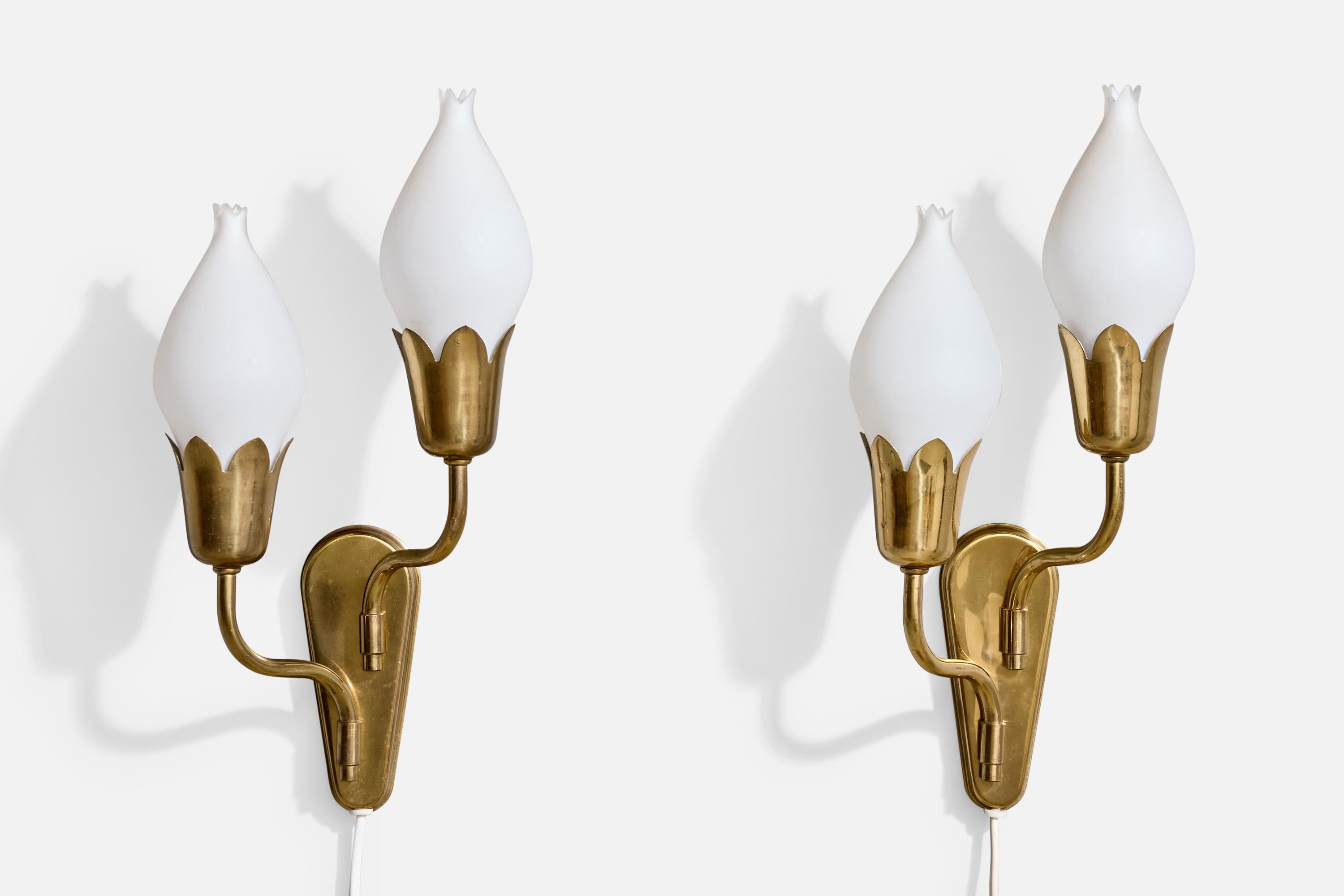 A pair of brass and white opaline glass wall light, designed and produced by Fog & Mørup, Denmark, c. 1950s.

Overall Dimensions (Inches): 14.25