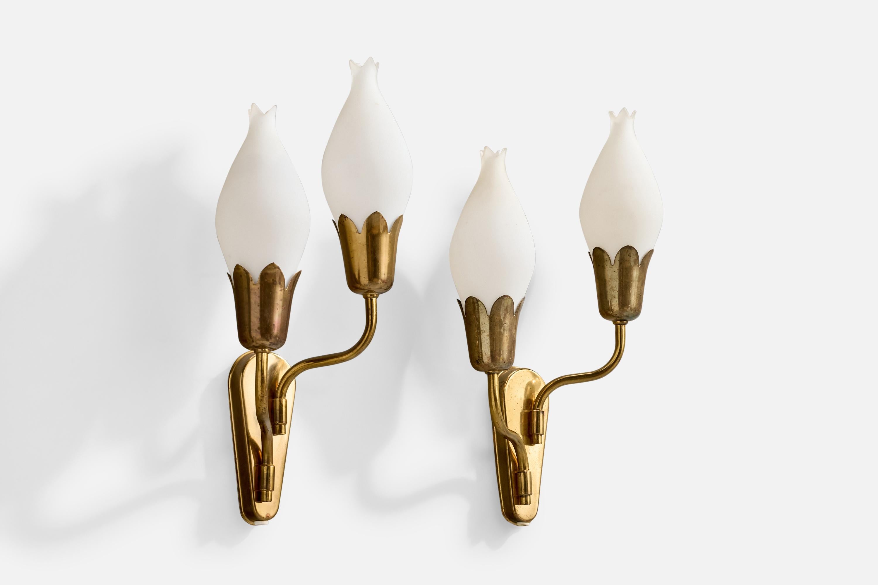 Mid-Century Modern Fog & Mørup, Wall Lights, Brass, Glass, Denmark, 1950s For Sale