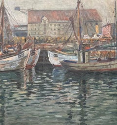Foggy European Dock Scene Oil Painting