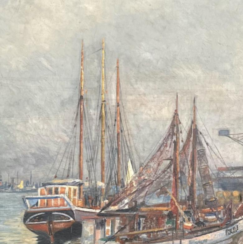 Art Deco Foggy European Dock Scene Oil Painting For Sale