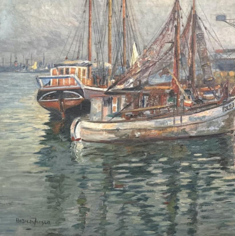 Spanish Foggy European Dock Scene Oil Painting For Sale