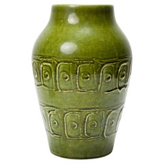 Fohr Keramik West German Mid-Century Geometric Banded Green Glazed Ceramic Vase