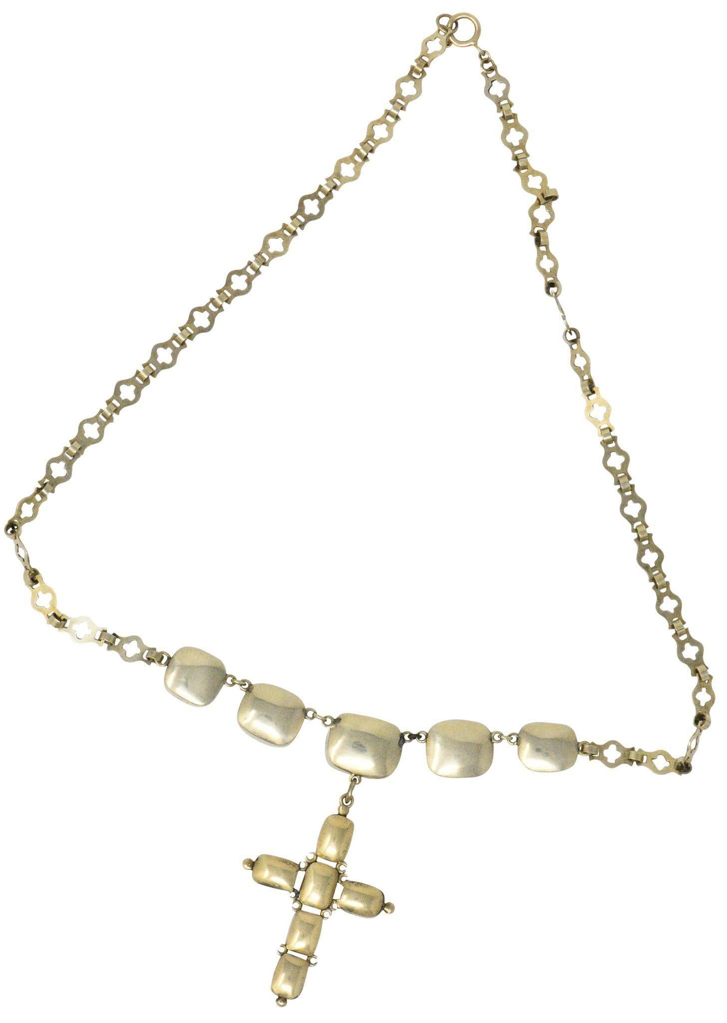  Foil Back Quartz 14 Karat Gold Cross Necklace In Excellent Condition In Philadelphia, PA