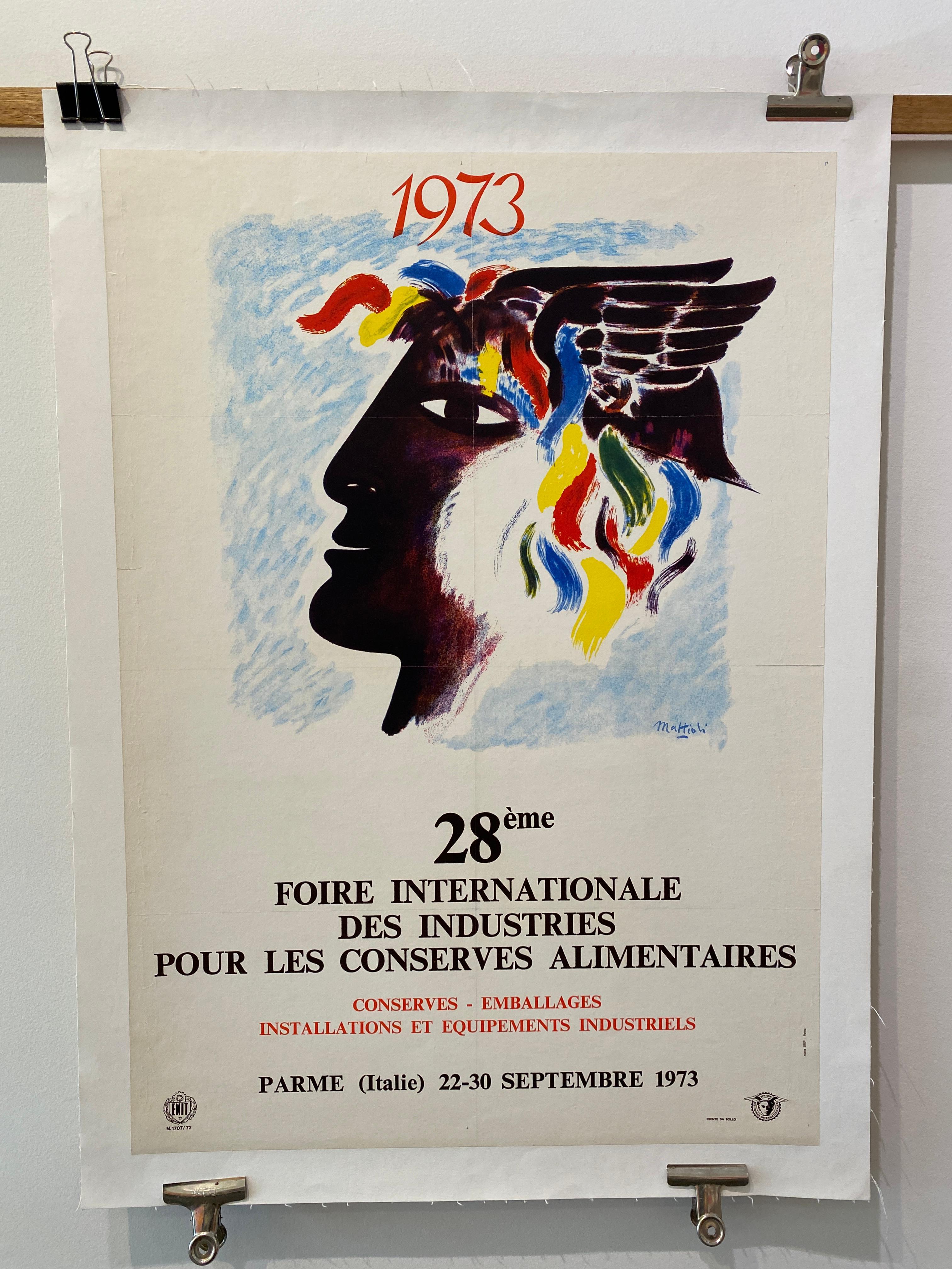 Foire International Des Industries 1973 manifesto originale d'epoca.

Si tratta di un poster originale, che è stato rivestito di lino per essere conservato. Una fiera industriale internazionale è un evento in cui aziende di diversi paesi presentano