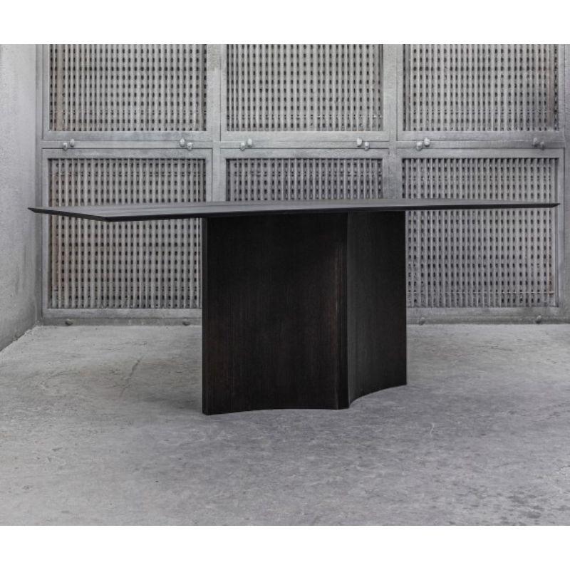 Fold Serie Table by Marianne
Materials: Larch brushed veneer stained black finished with a PU varnish
Dimensions: W 200 x D 70 H 75 cm

Also available custom made.

The table is made of larch veneer that has an inlay pattern in the leaf. The