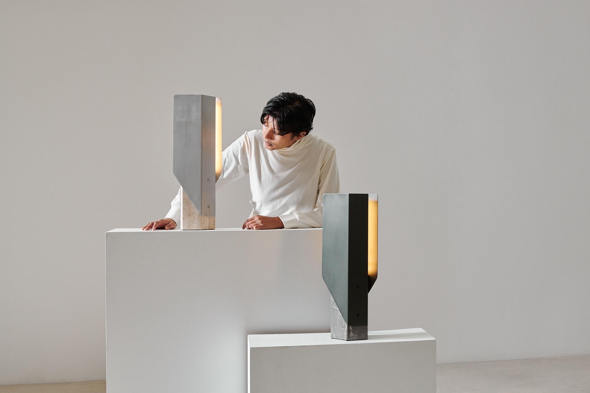 Fold Table Lamp, Led Sculptural Modern Light, Aged Brass / Calacatta Viola For Sale 5