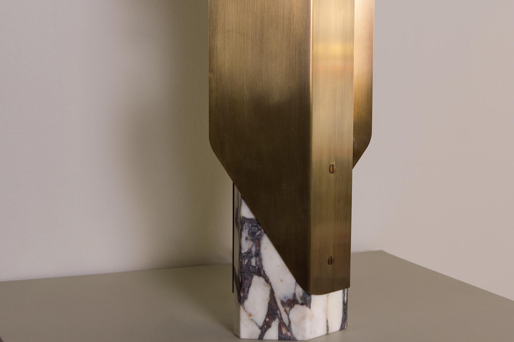 Patinated Fold Table Lamp, Led Sculptural Modern Light, Aged Brass / Calacatta Viola For Sale