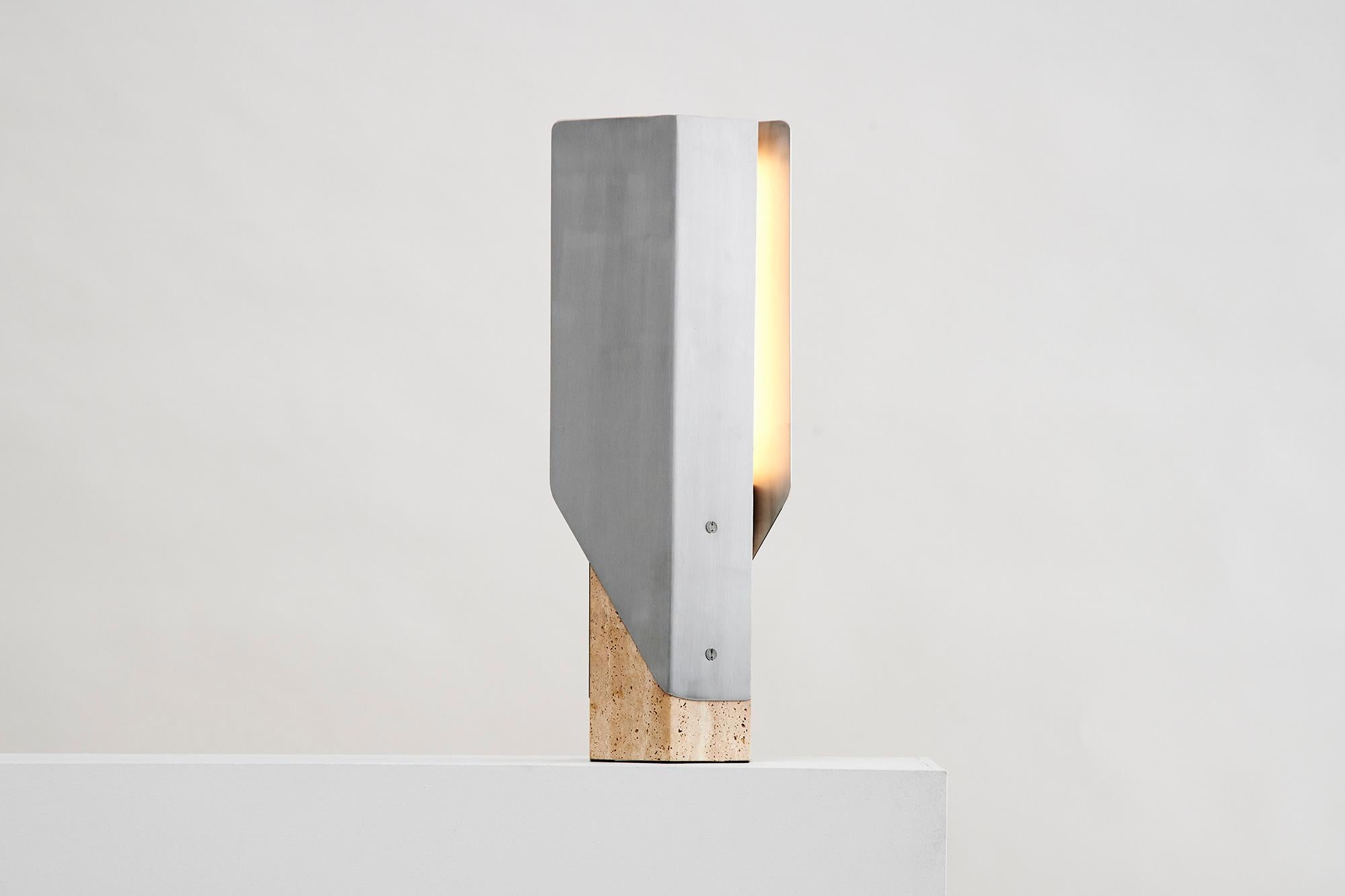 Aluminum Fold Table Lamp, LED Sculptural Modern Light, Deep Sea/ Hermes Grey Marble For Sale