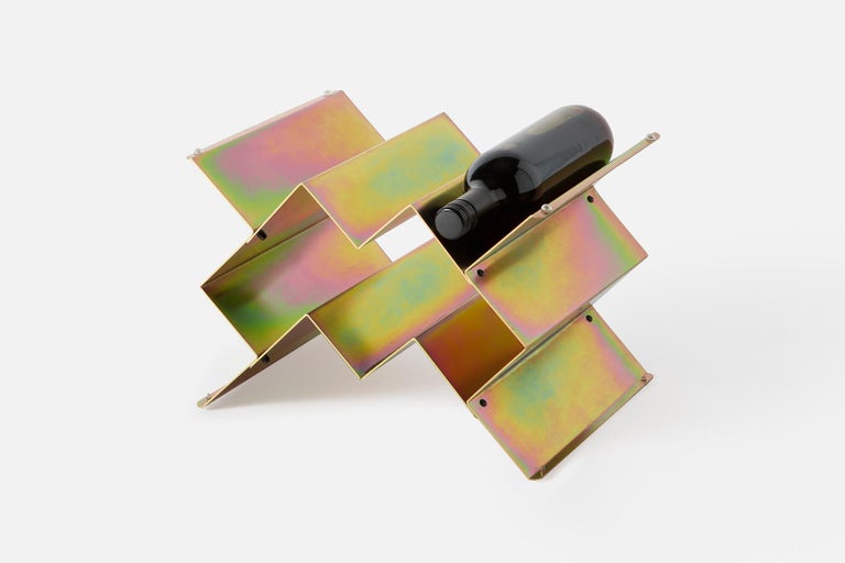 Fold Wine Rack, Iridescent Silver Zinc, Geometric, Brutalist Stacking ...