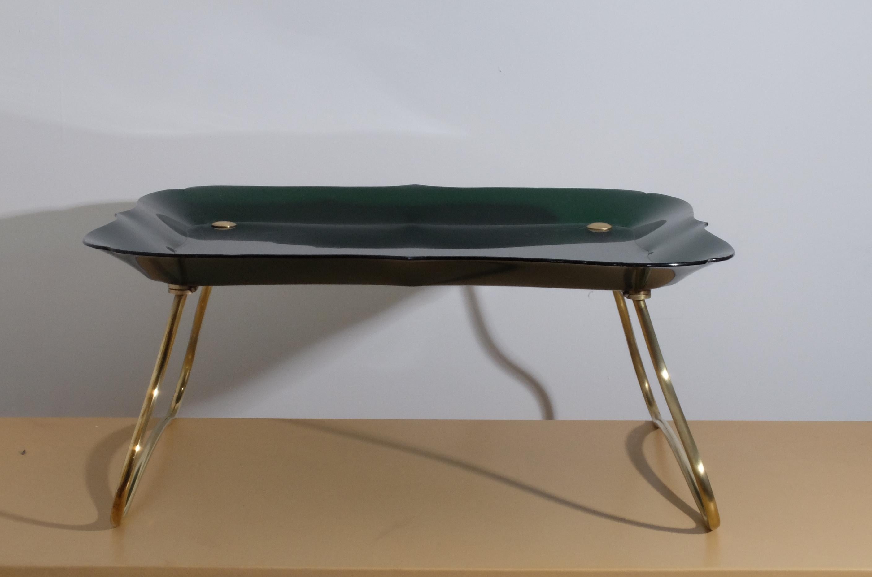 Art Deco Foldable Brass Green Breakfast Bed Tray by Jean Burkhalter, 1950s For Sale