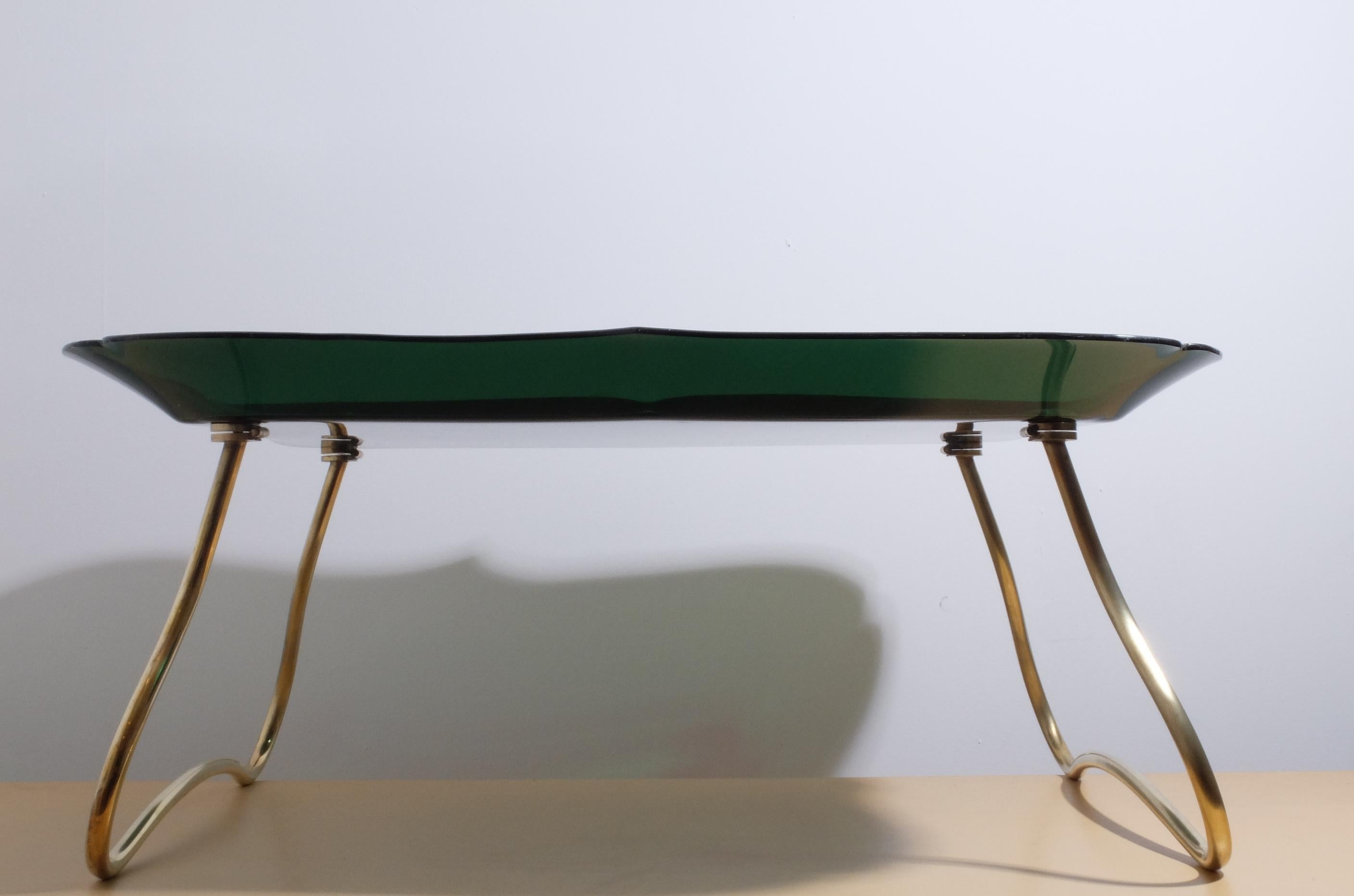 Mid-20th Century Foldable Brass Green Breakfast Bed Tray by Jean Burkhalter, 1950s For Sale