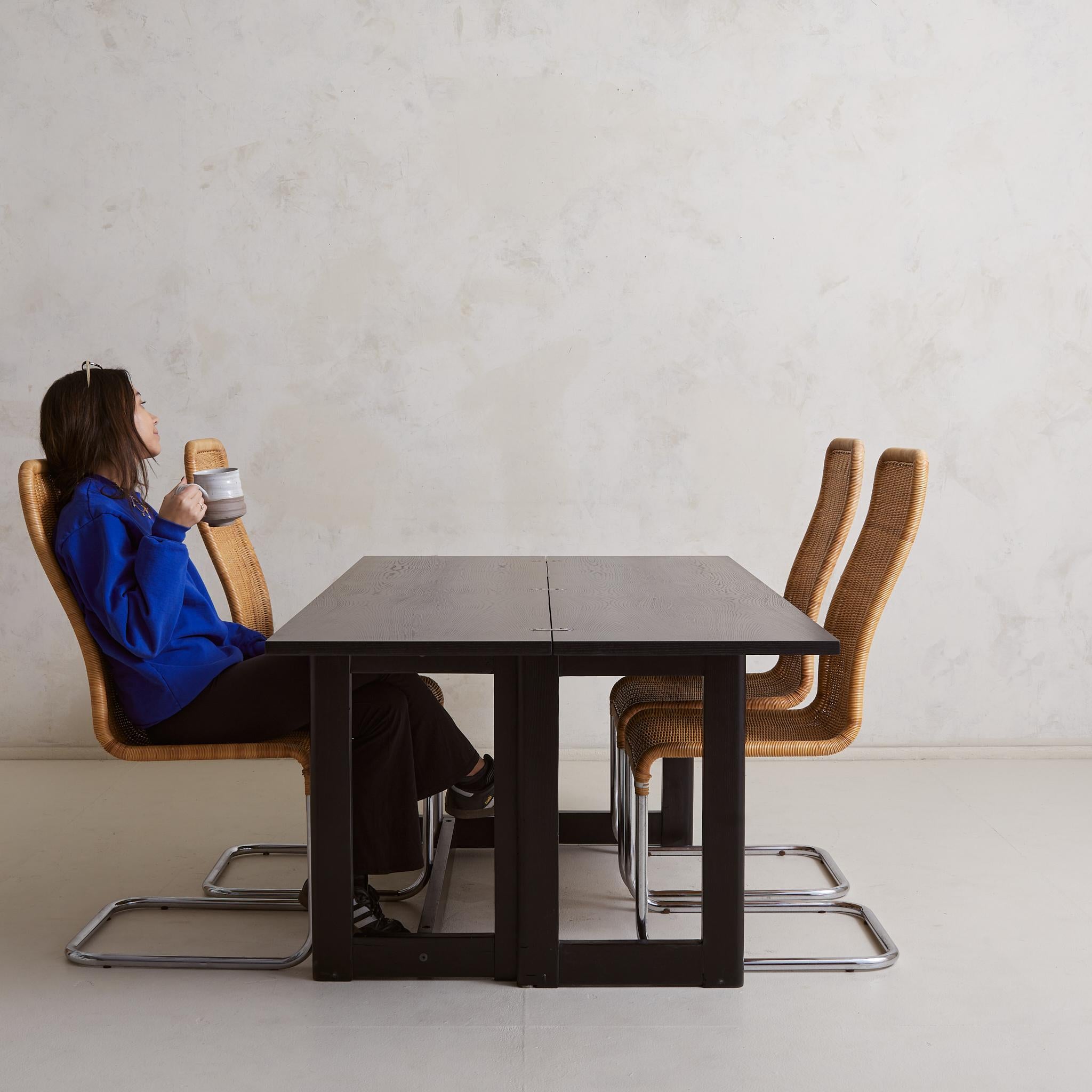 Modern Foldable Ebonized Ash Wood Console + Dining Table, France 1970s For Sale