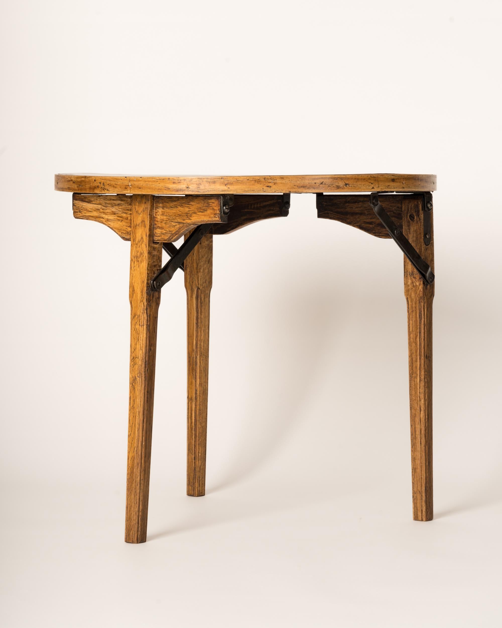 Foldable Feet Oak and Brown Leather End Table by E. Millien, France 1940's In Fair Condition In New York, NY