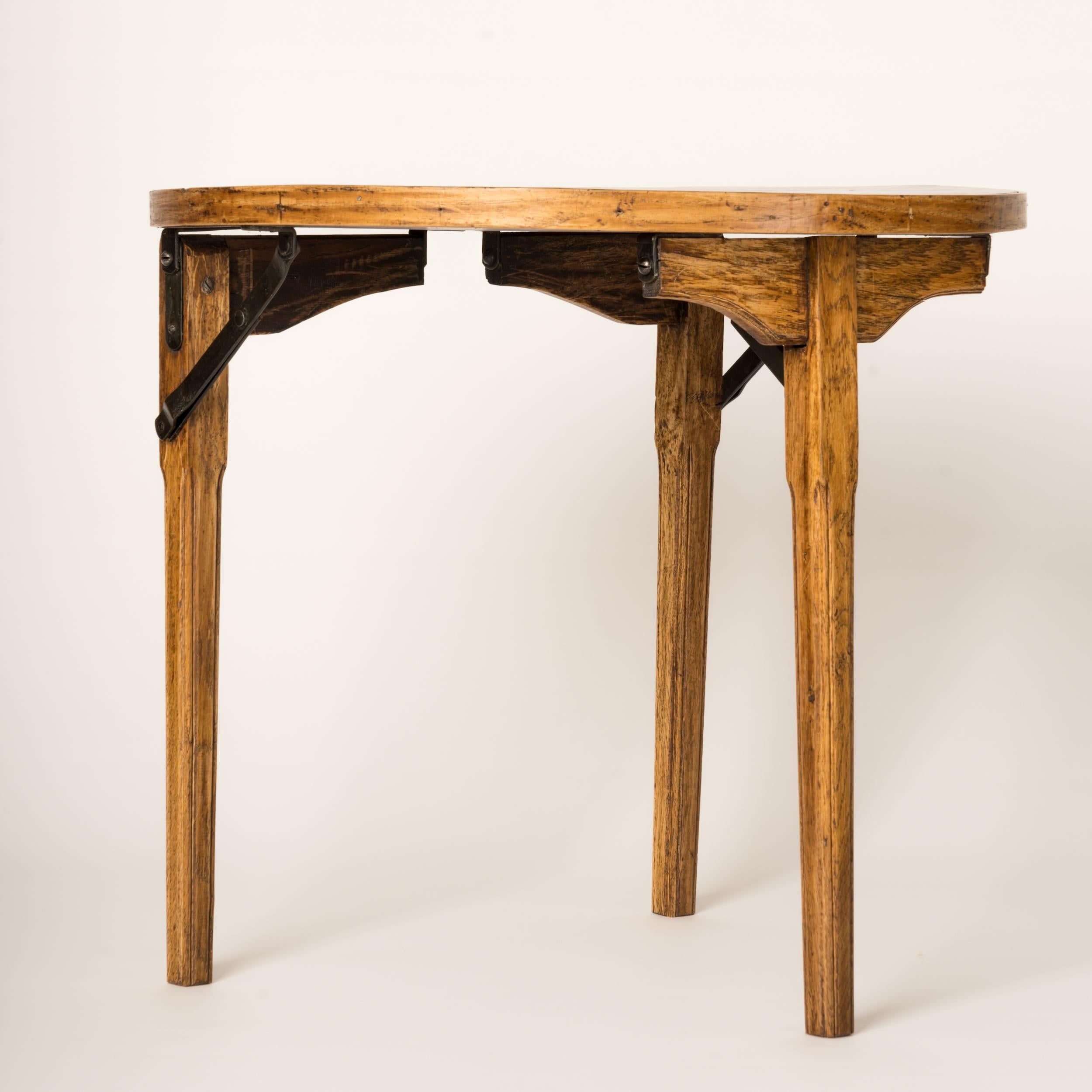 Mid-20th Century Foldable Feet Oak and Brown Leather End Table by E. Millien, France 1940's