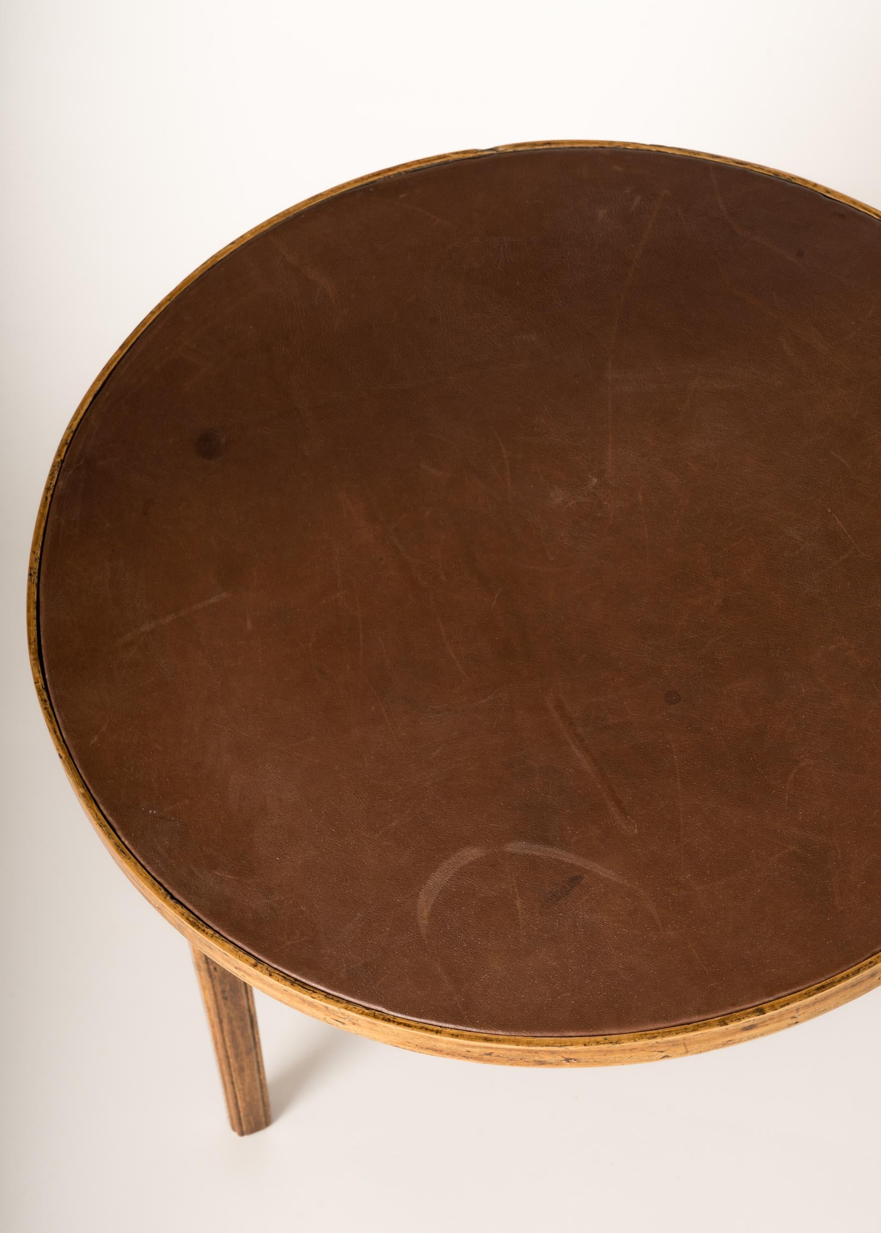 Foldable Feet Oak and Brown Leather End Table by E. Millien, France 1940's 1
