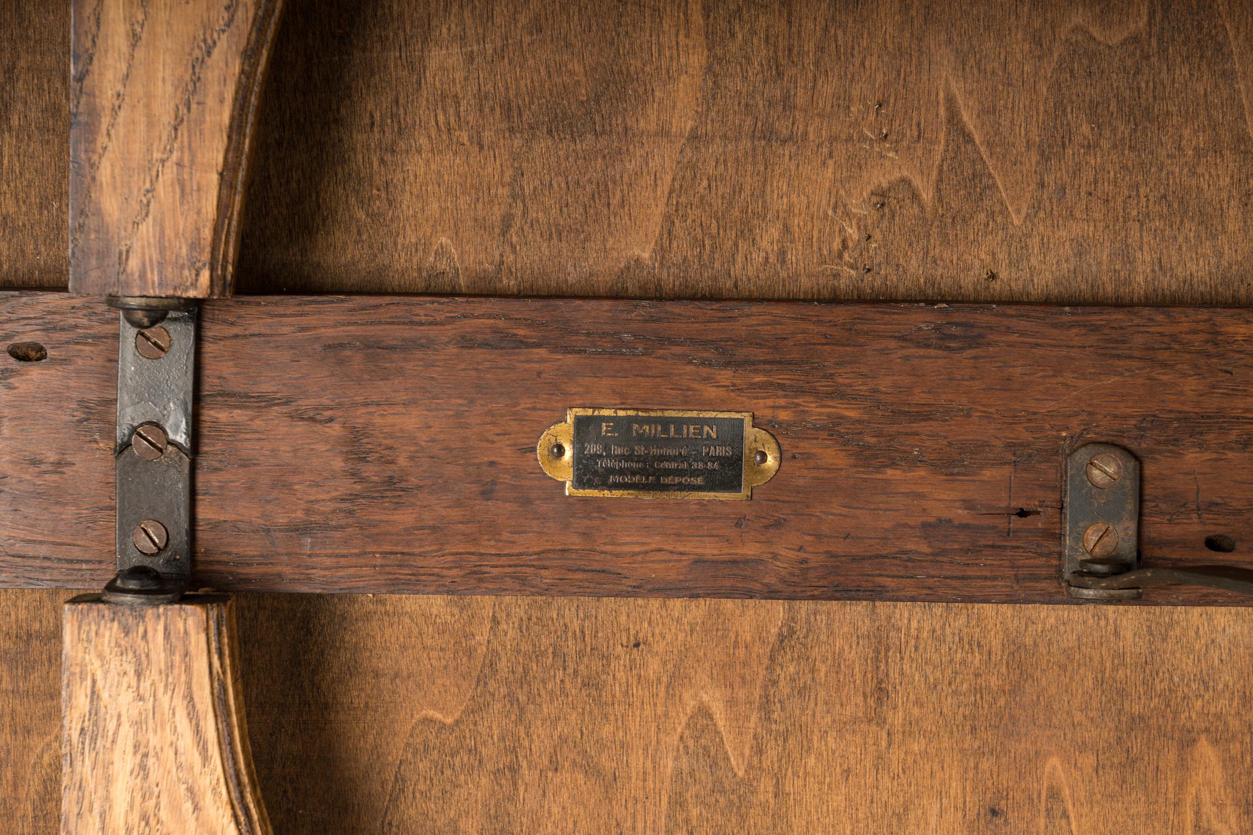 Foldable Feet Oak and Brown Leather End Table by E. Millien, France 1940's 3