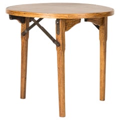 Foldable Feet Oak and Brown Leather End Table by E. Millien, France 1940's