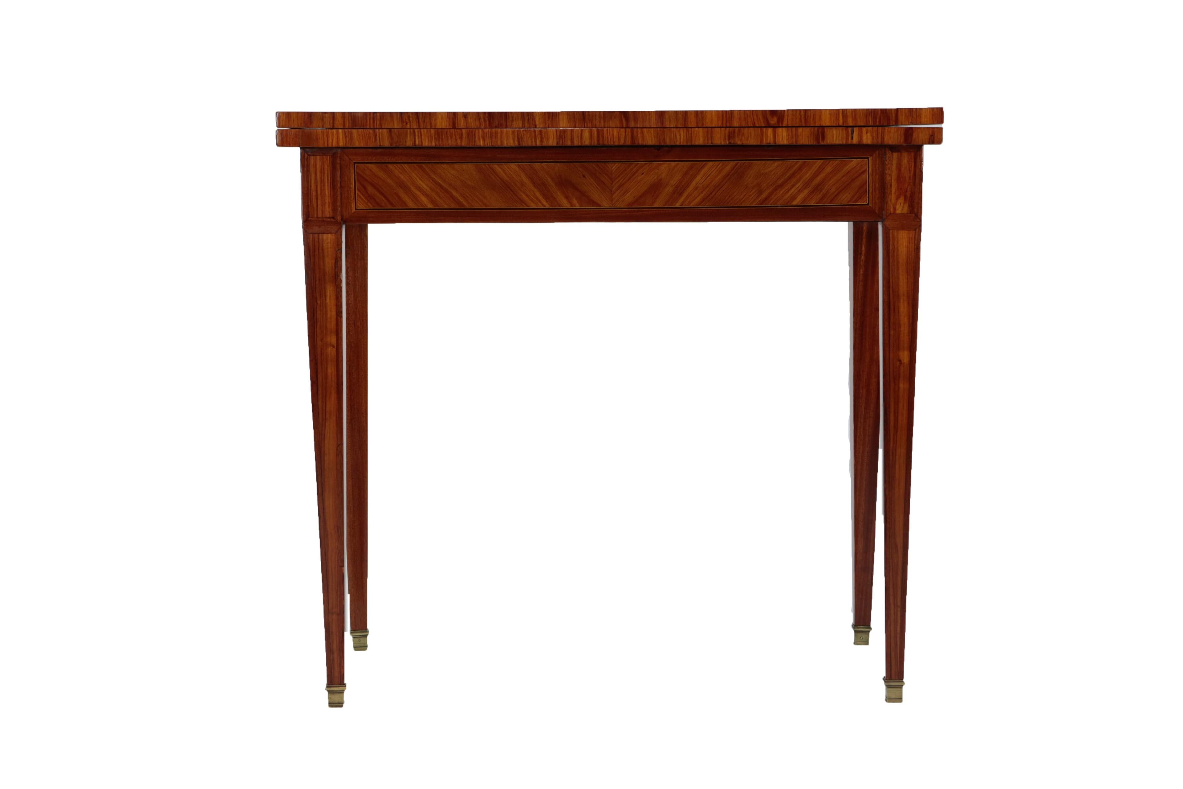 Game table.
France, circa 1850-1860.
Rosewood, 
inlaid works
Openable, inside with new felt top
Grazile sharp running up square legs
Restored residential-ready state
French shellac hand polish
Measures: Height 72 cm, width 77.5 cm, depth