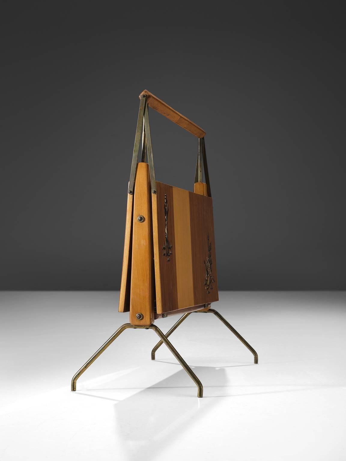 Mid-Century Modern Foldable Magazine Rack Made of Wood and Brass