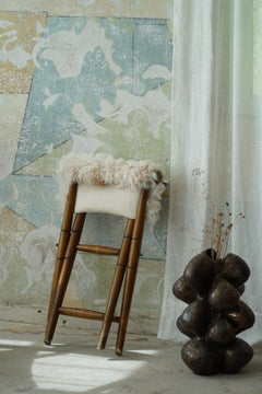 Foldable Stool, Reupholstered in Longhaired Sheepskin, Mid-Century Modern, 1950s