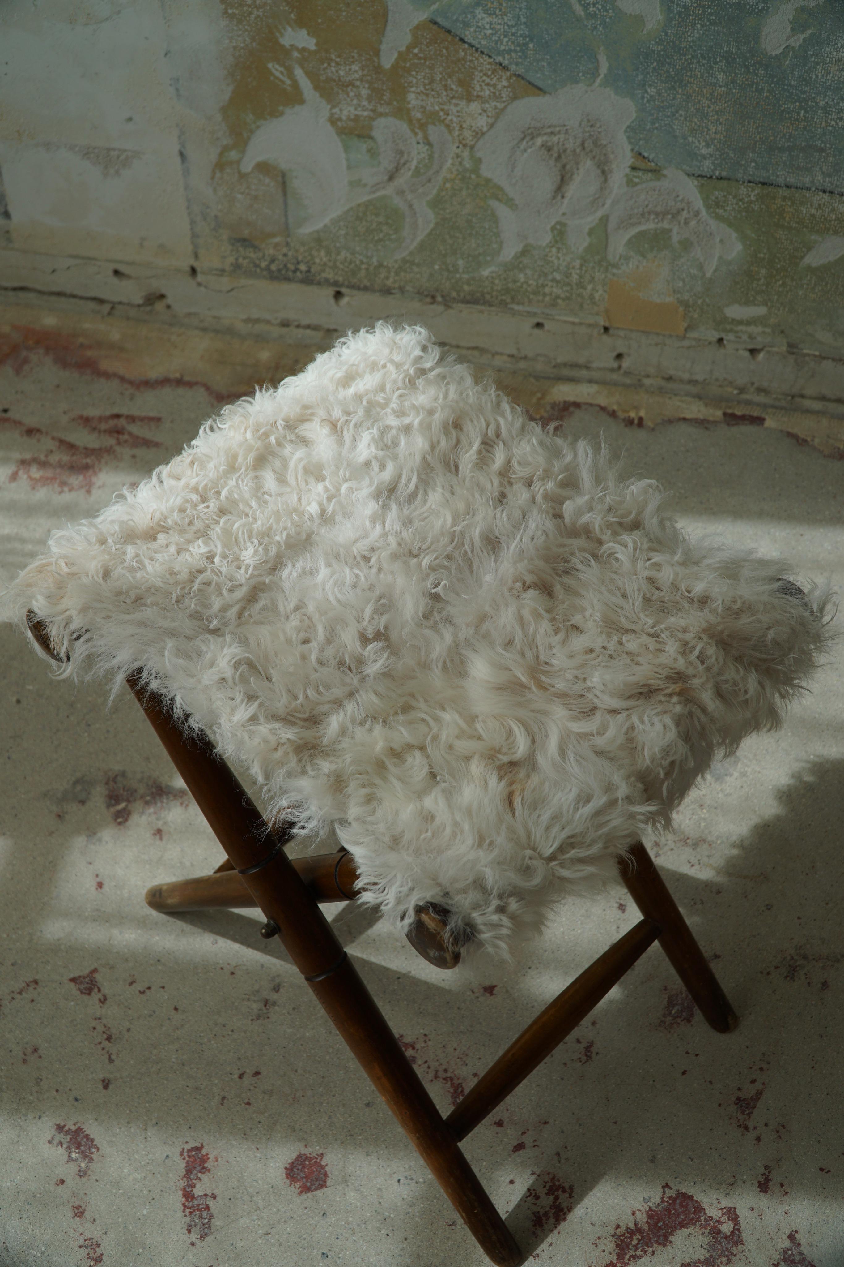 20th Century Foldable Stool, Reupholstered in Longhaired Sheepskin, Mid-Century Modern, 1950s For Sale