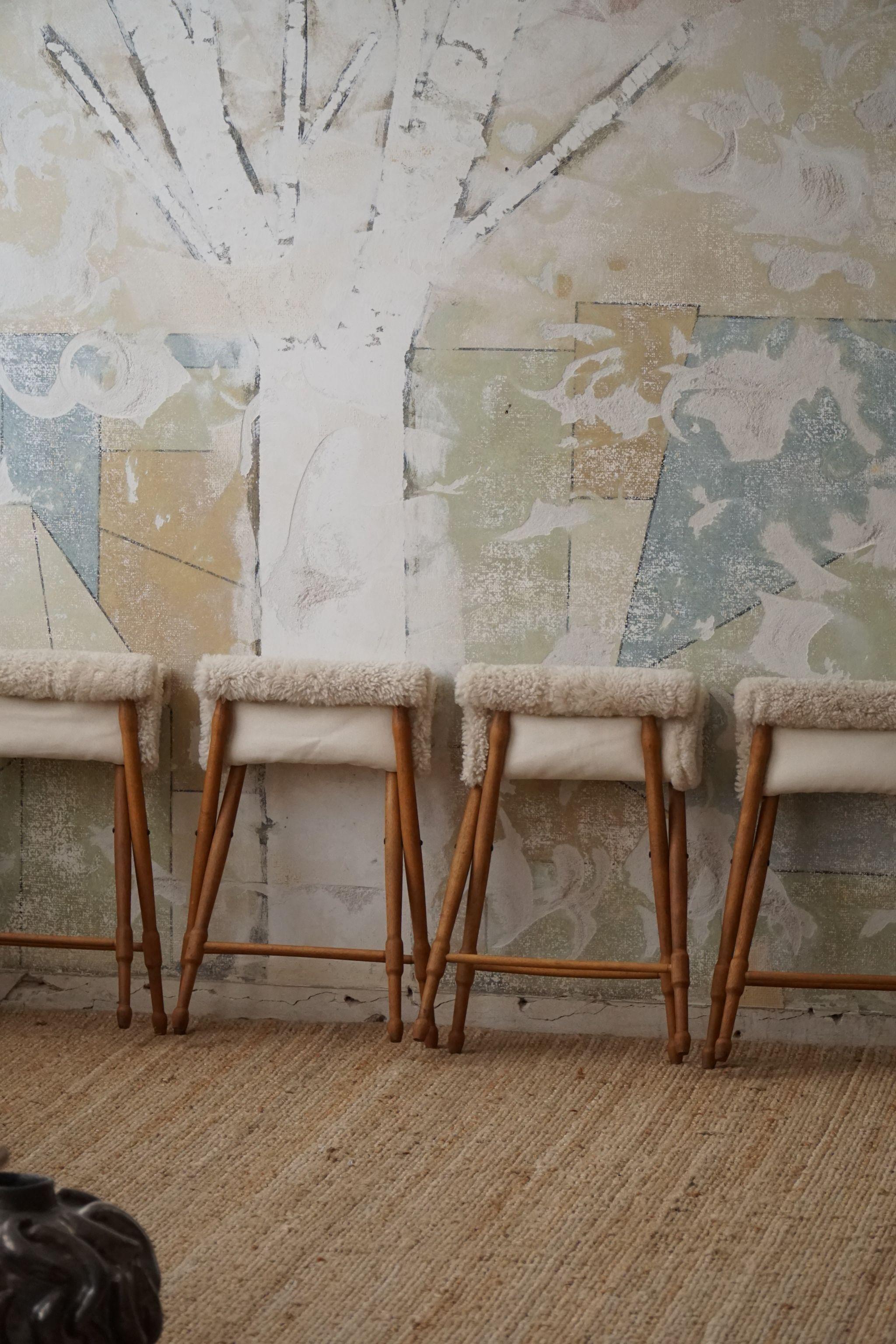 Foldable Stools, Reupholstered in Lambswool, Danish Mid-Century Modern, 1950s 4