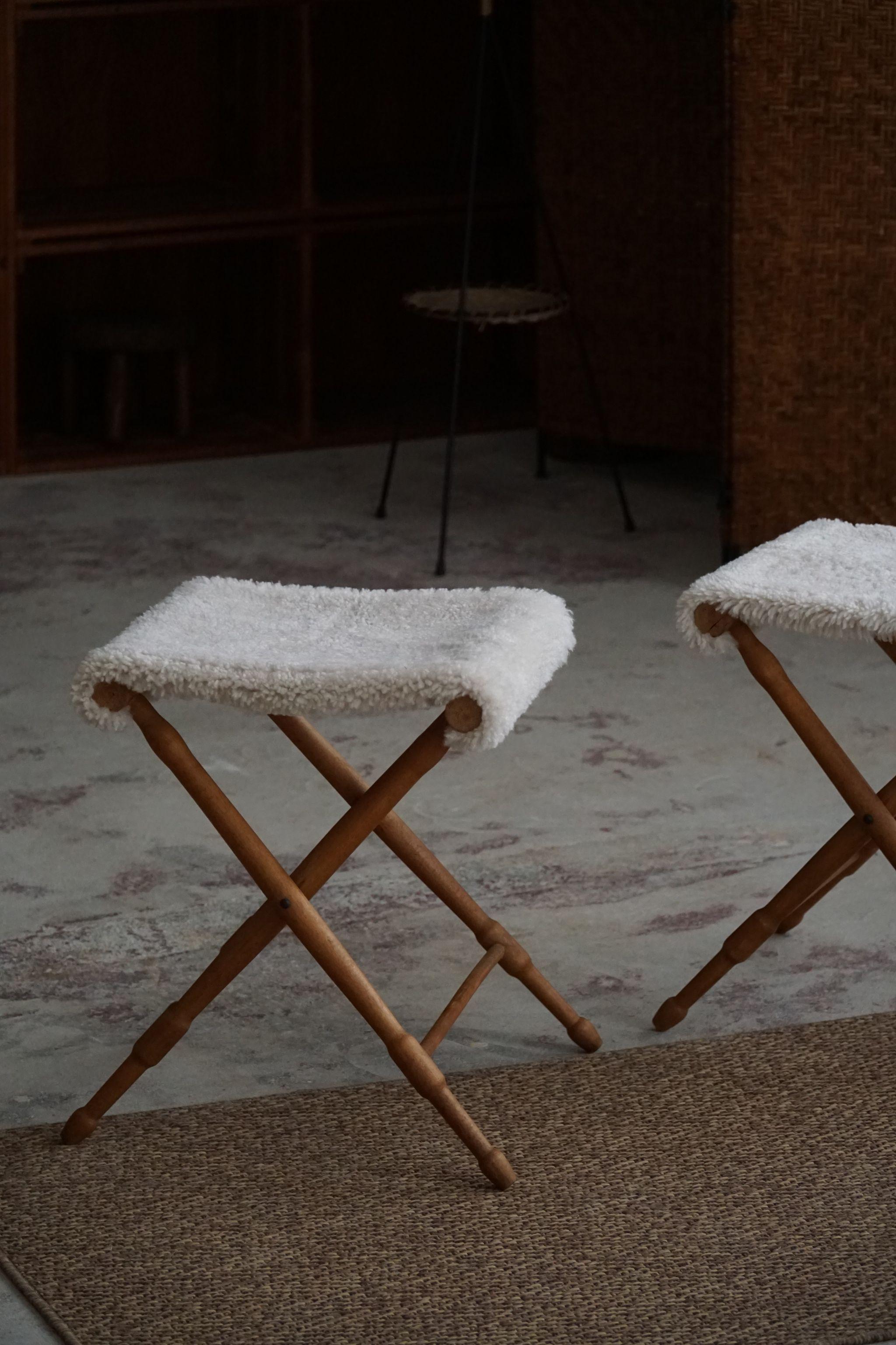 Foldable Stools, Reupholstered in Lambswool, Danish Mid-Century Modern, 1950s 6