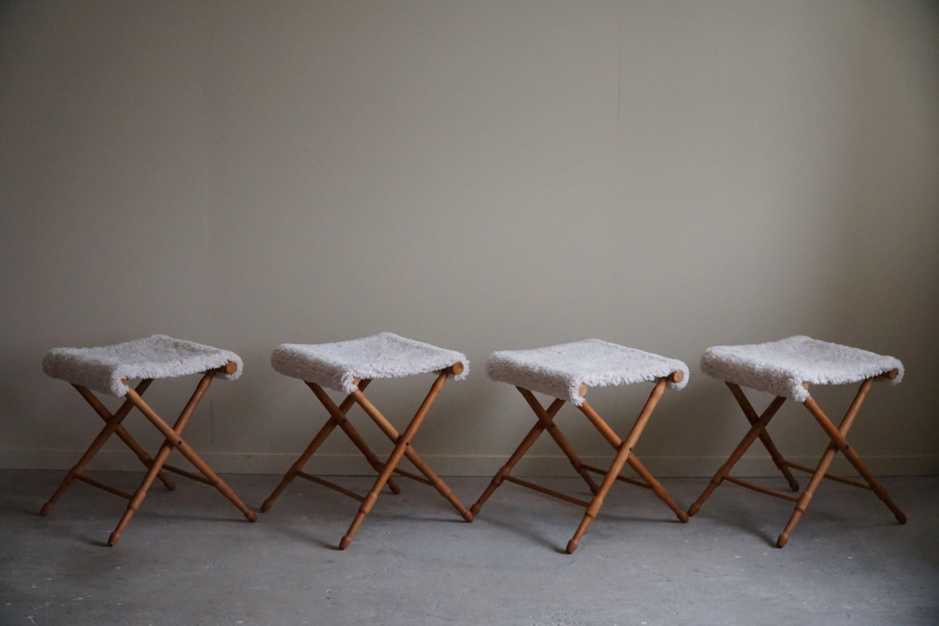 Foldable Stools, Reupholstered in Lambswool, Danish Mid-Century Modern, 1950s 11