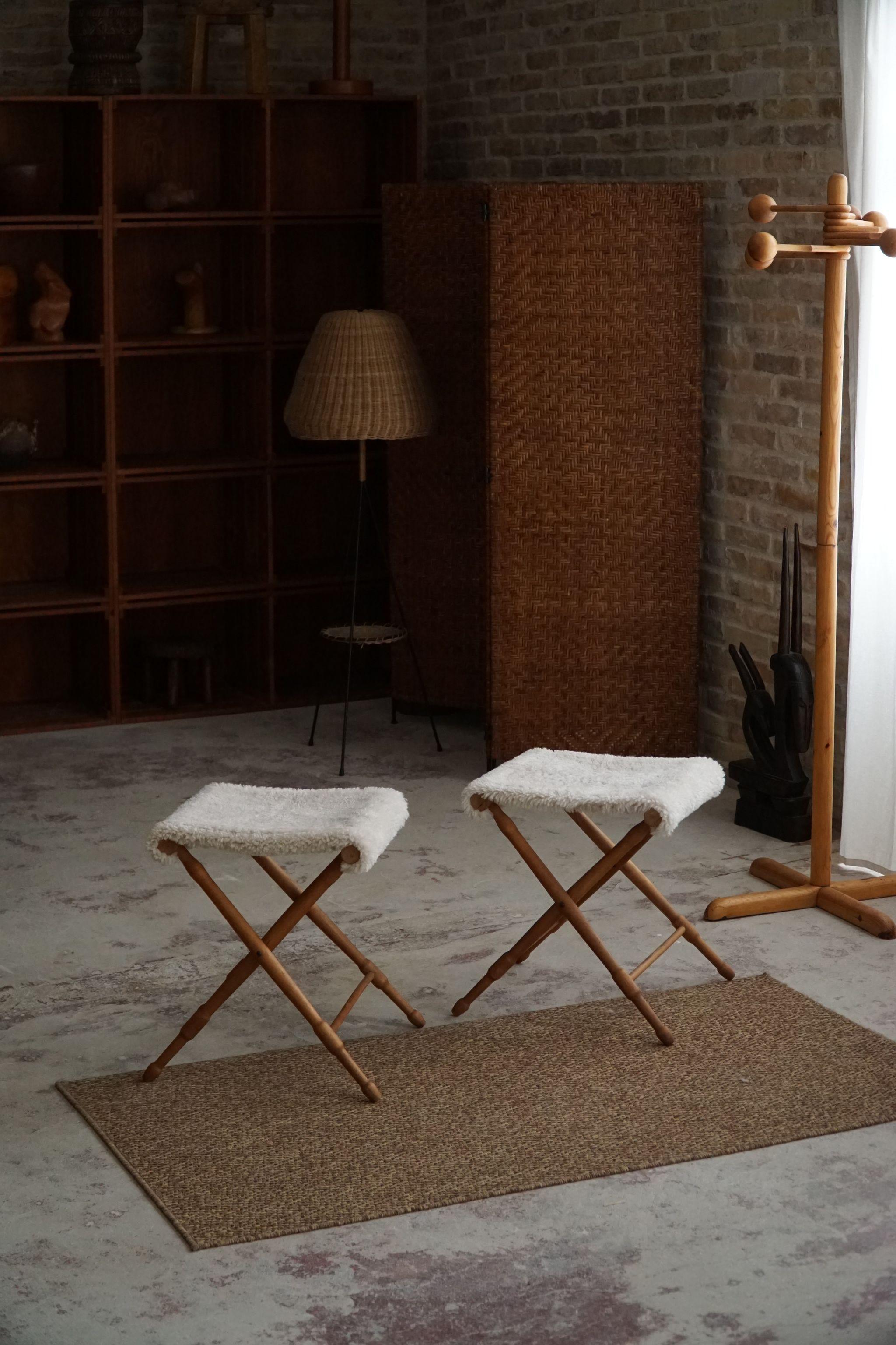 Foldable Stools, Reupholstered in Lambswool, Danish Mid-Century Modern, 1950s 13