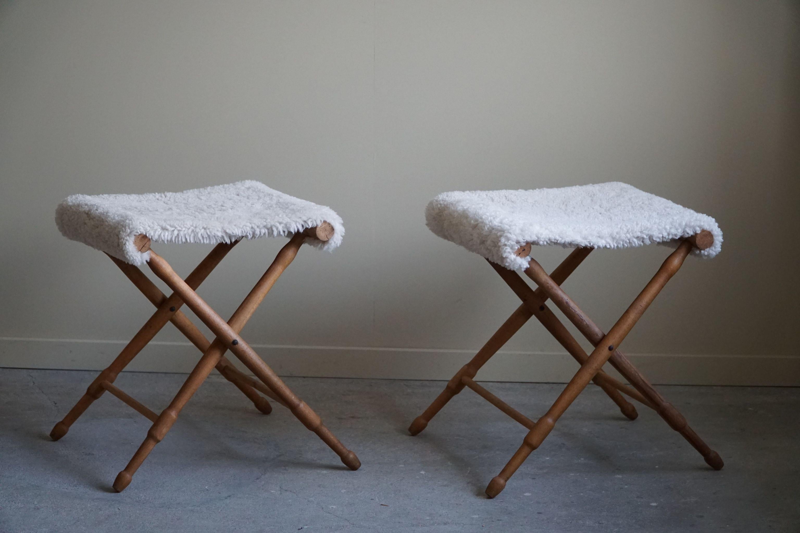 Foldable Stools, Reupholstered in Lambswool, Danish Mid-Century Modern, 1950s 1
