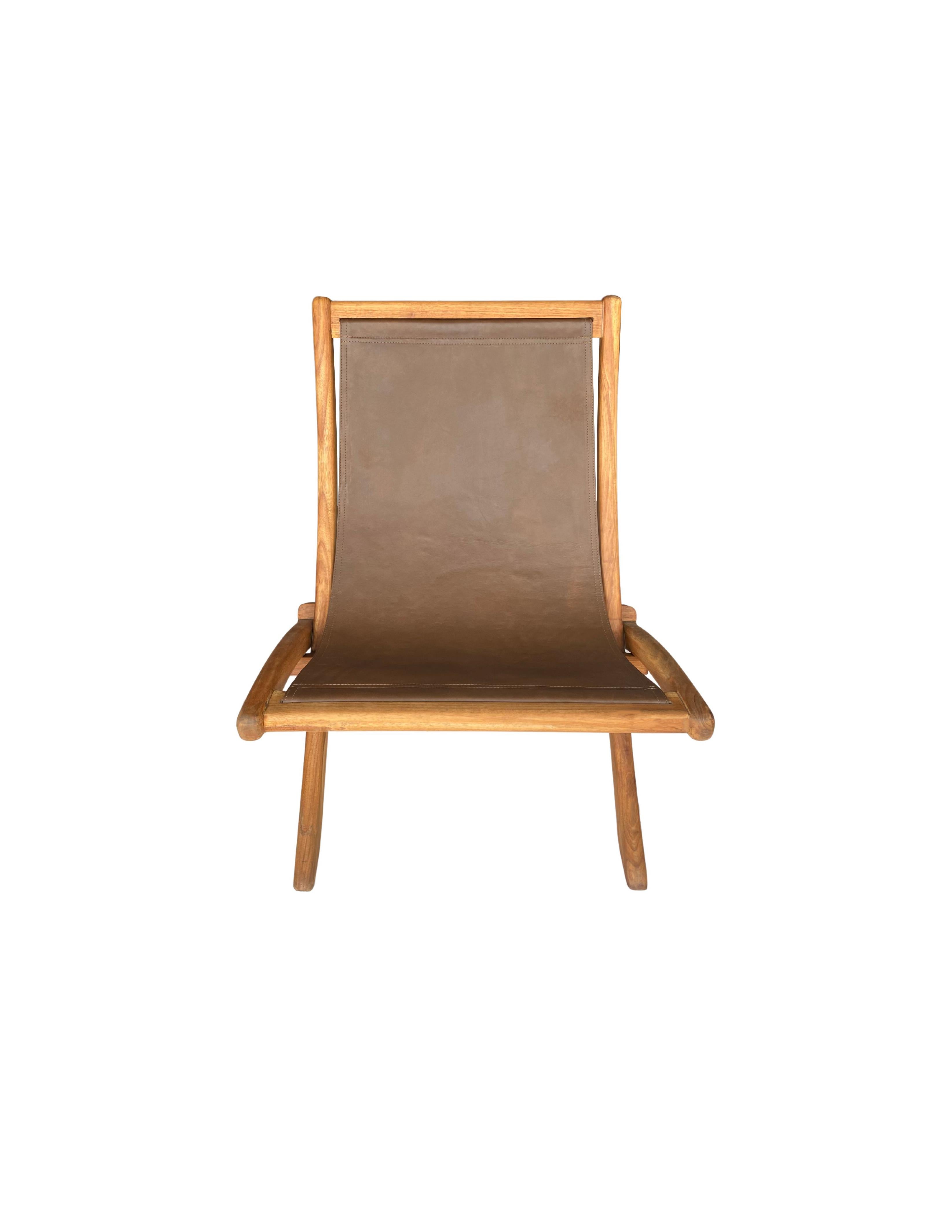 Modern Foldable Teak Wood Framed Lounge Chair, with Hanging Leather Seat