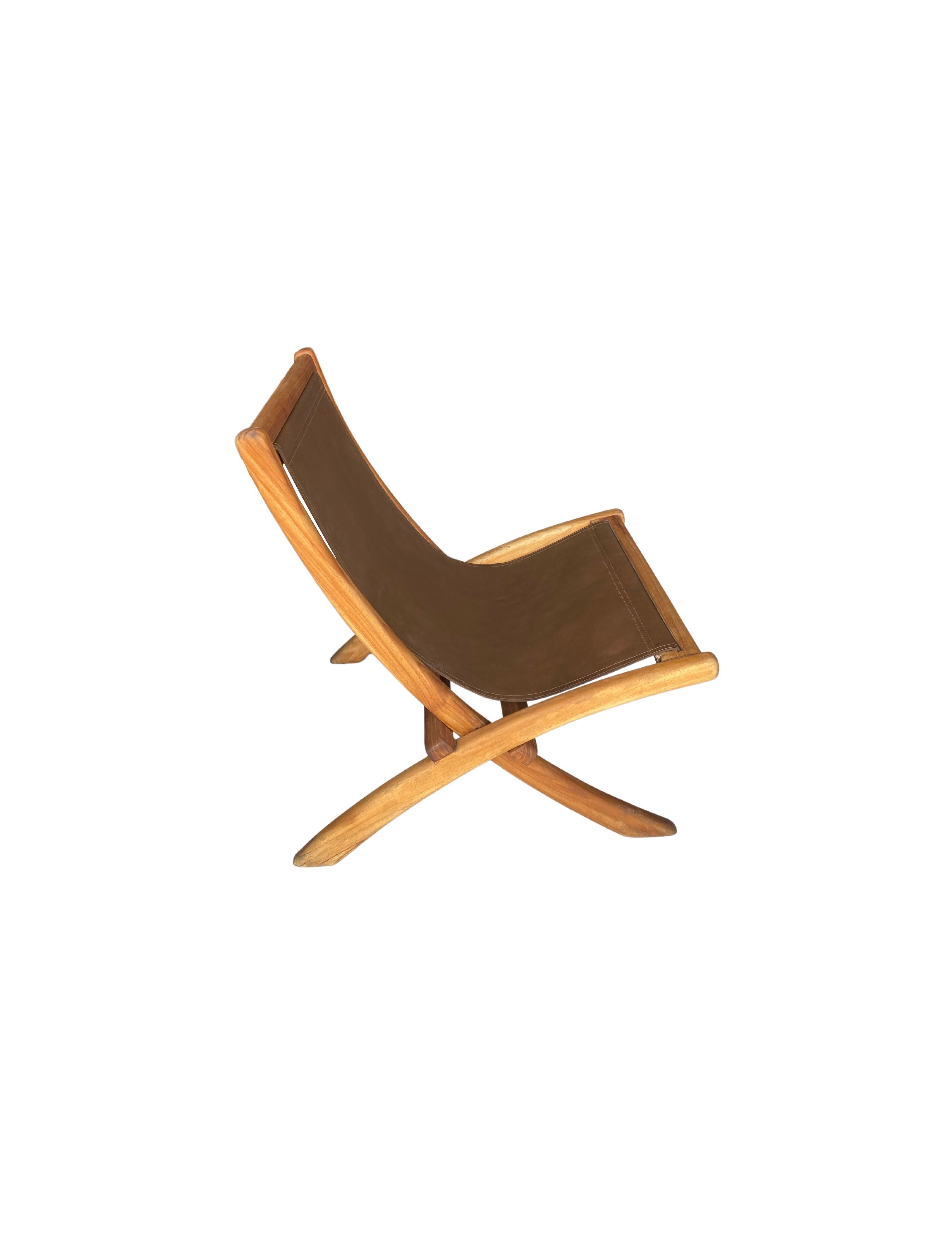 Indonesian Foldable Teak Wood Framed Lounge Chair, with Hanging Leather Seat