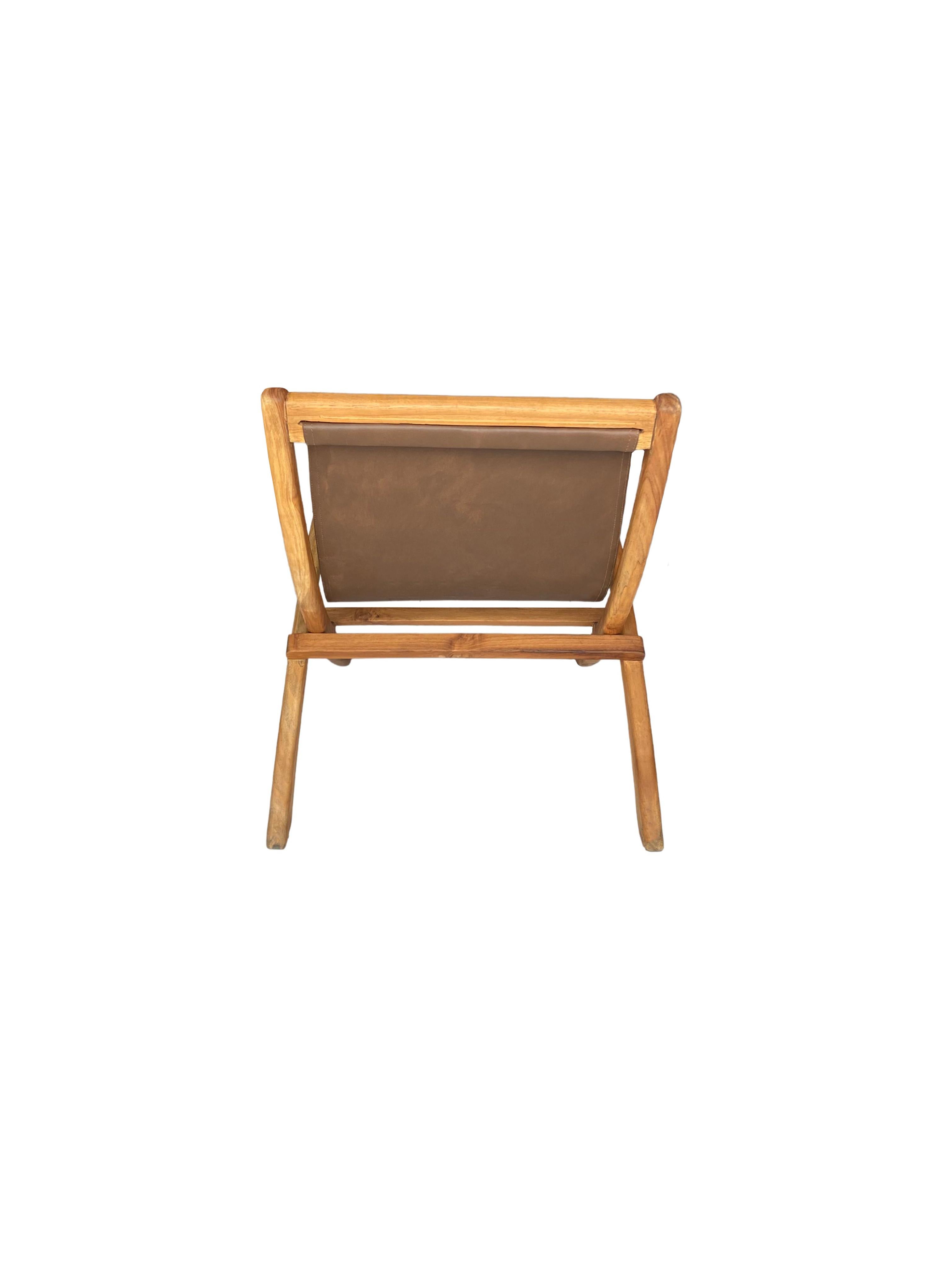 Hand-Crafted Foldable Teak Wood Framed Lounge Chair, with Hanging Leather Seat