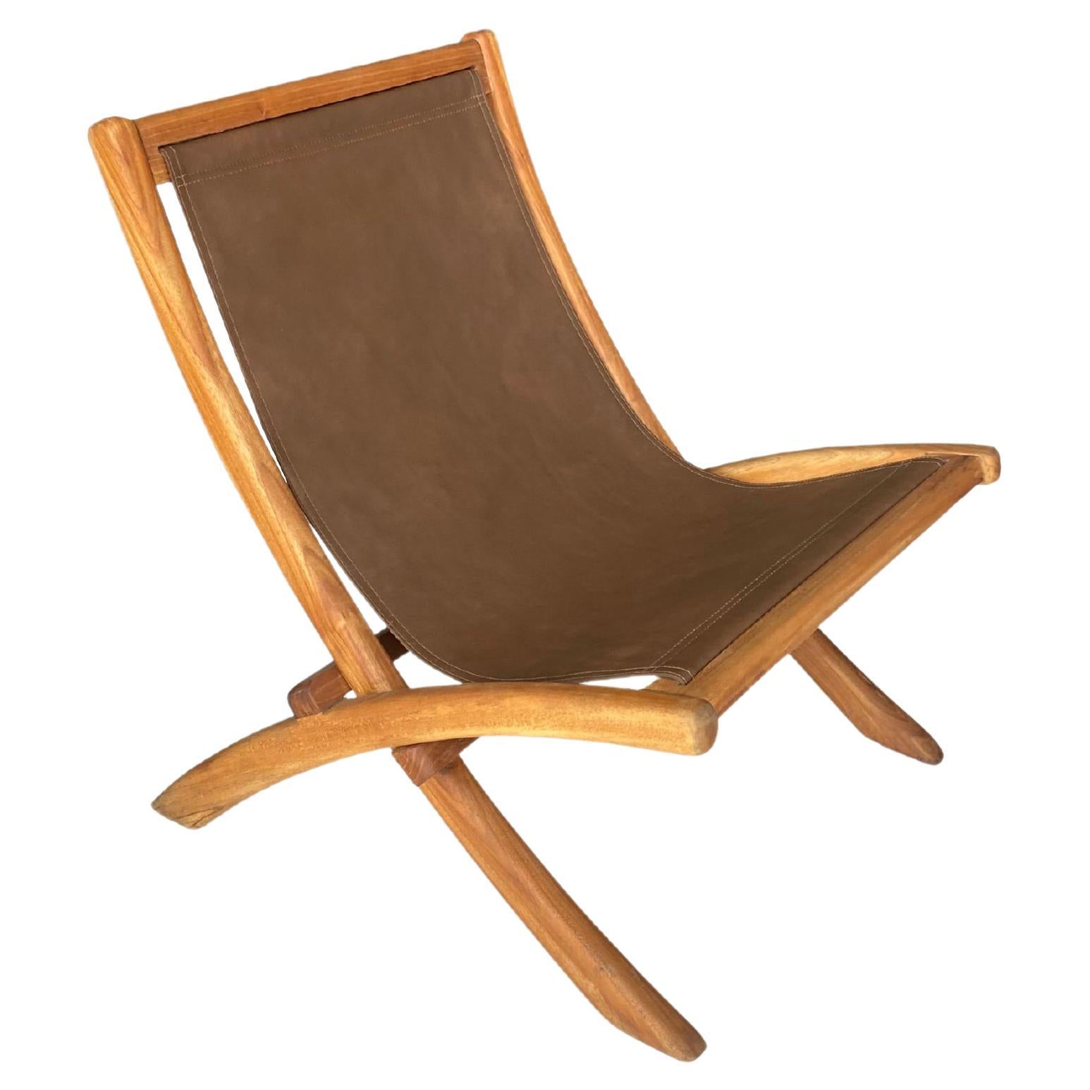 Teak Wood Framed Lounge Chair, with Hanging Leather Seat For Sale at