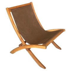 Foldable Teak Wood Framed Lounge Chair, with Hanging Leather Seat