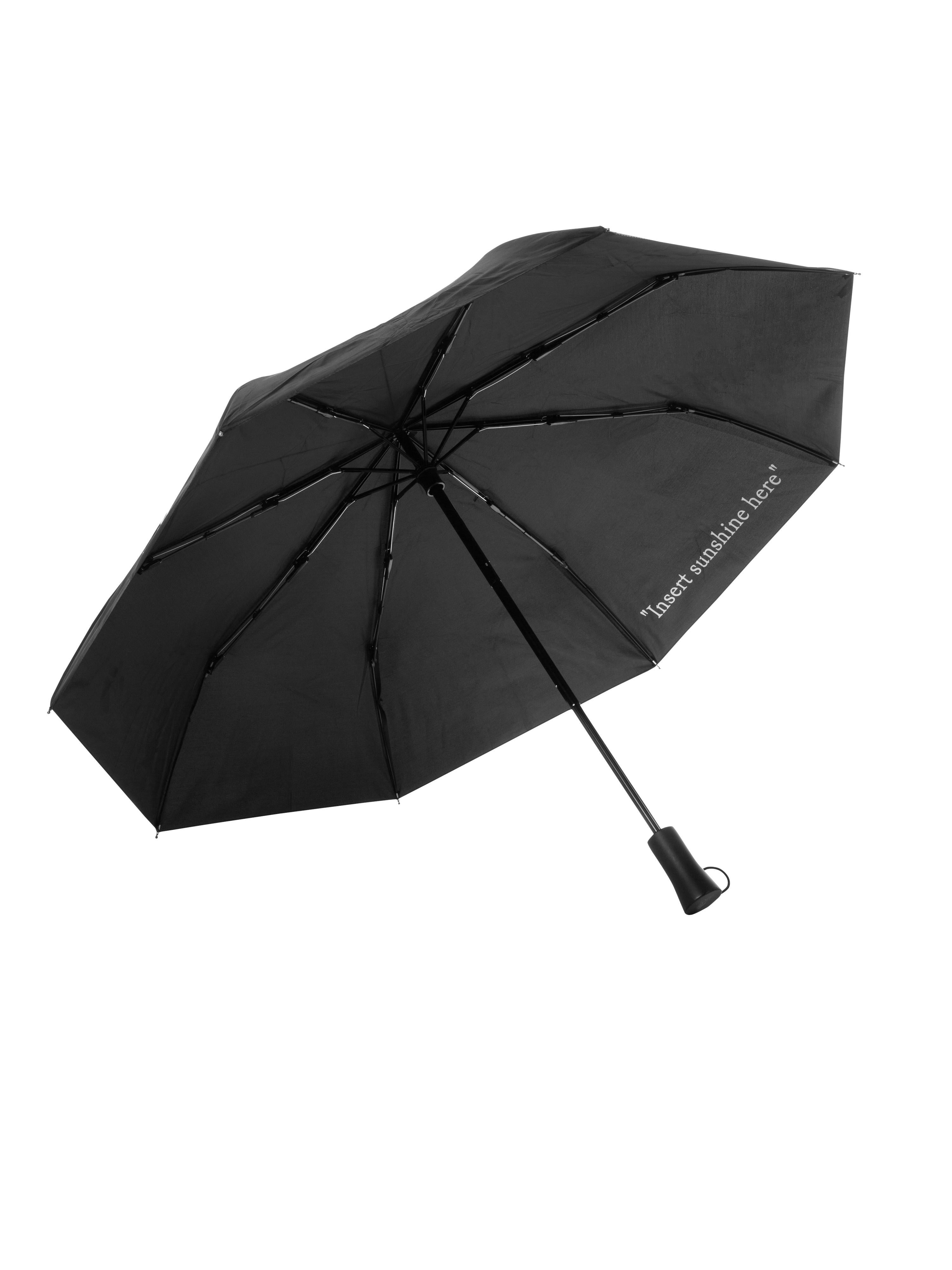 Foldable Umbrella in Black fabric outisde white Man Swimming logo, inside white quote 