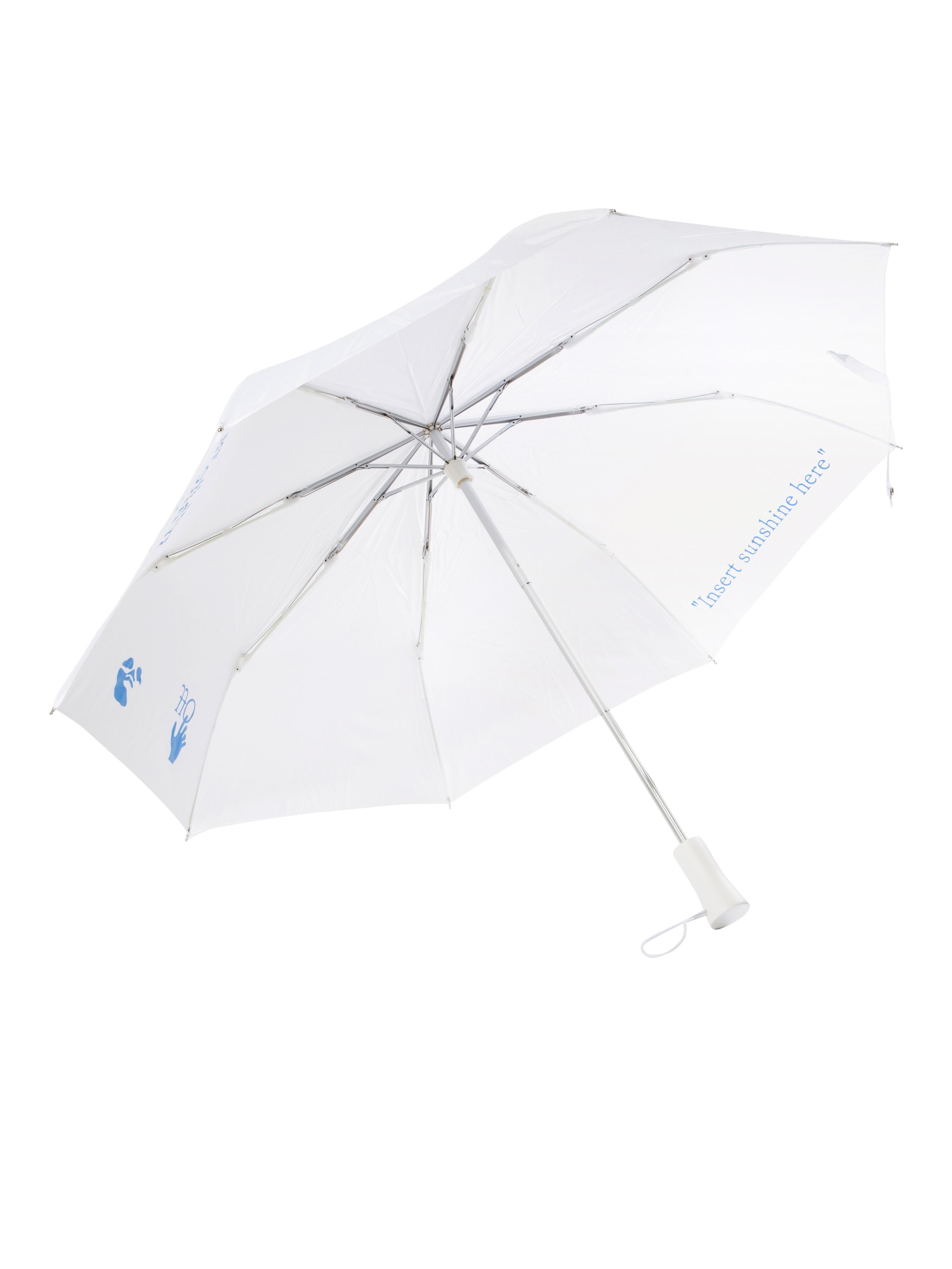 Foldable Umbrella in White fabric outisde white Man Swimming logo, inside white quote 
