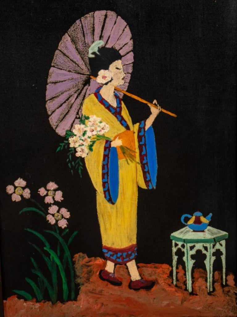 Foldable standing wood fire screen with triptych acrylic on panel depicting Asian inspiration scene, apparently unsigned. 

Dealer: S138XX