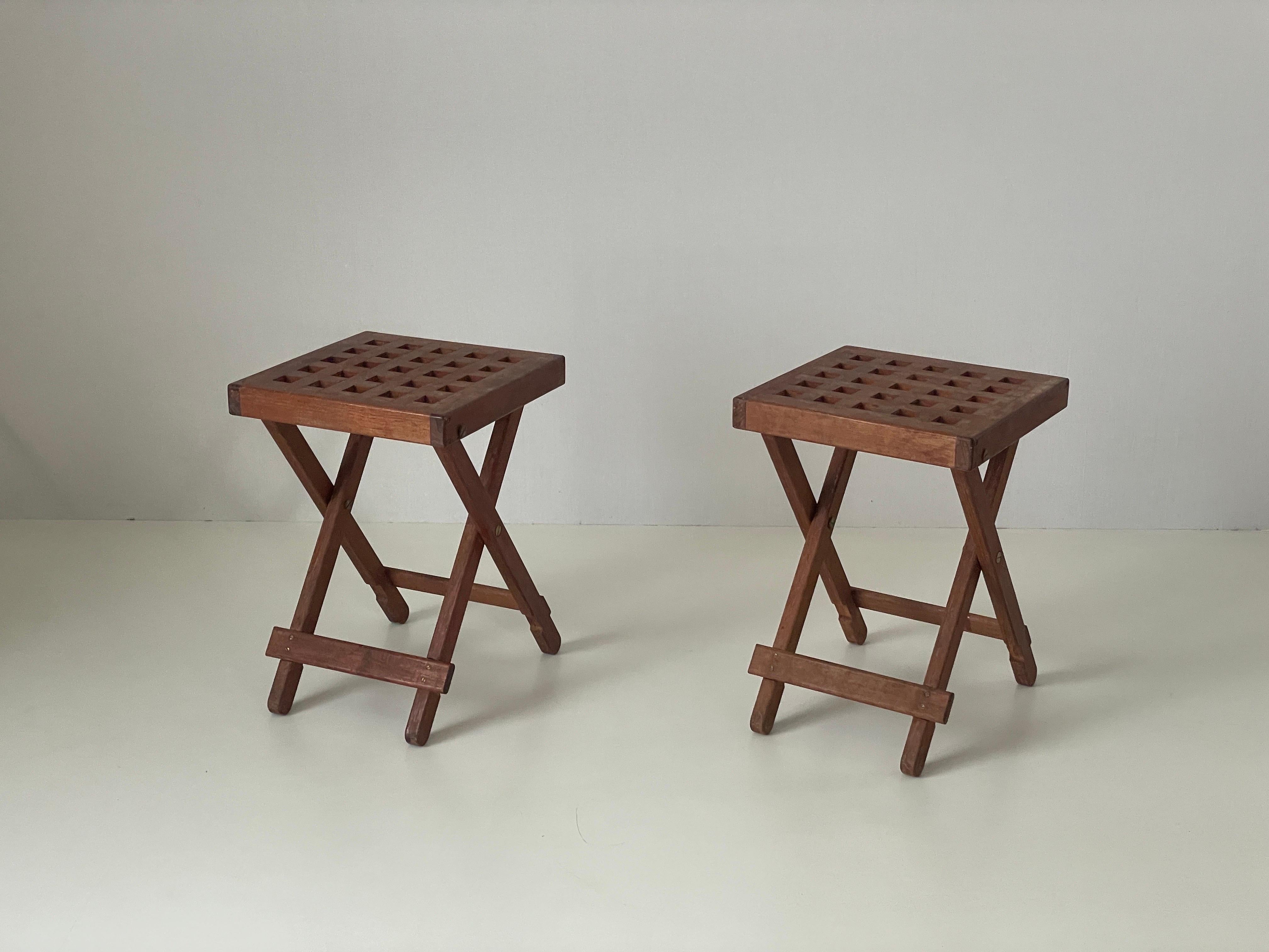Mid-Century Modern Foldable Wood Pair of Camping Stools, 1960s, Italy For Sale