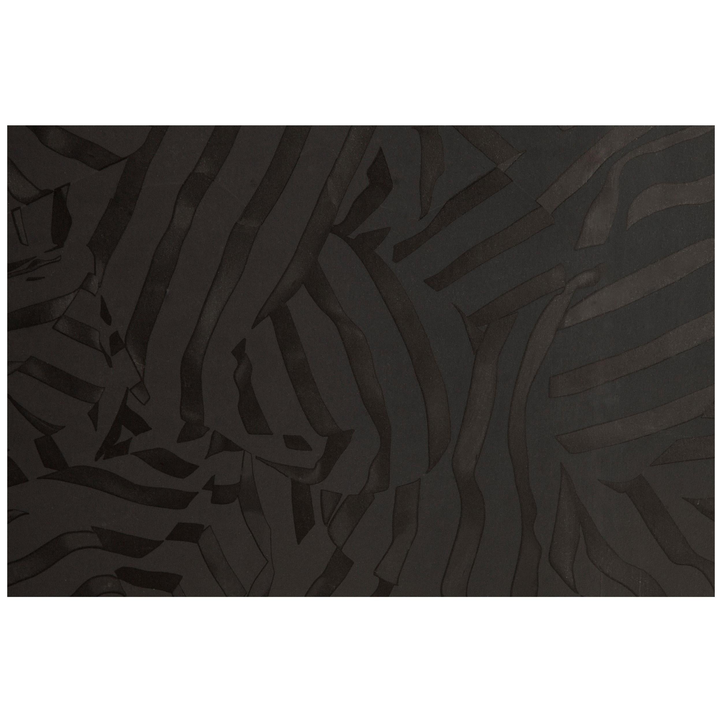 Folded Black Velvet Monochromatic Wallpaper with Matte Black and Gloss Black Ink For Sale